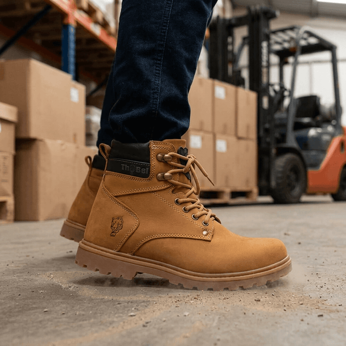 Bota de Segurança Thabel WorkBel Anti Perfuro Yellow com CA em ambiente de trabalho, ideal para proteção e conforto.