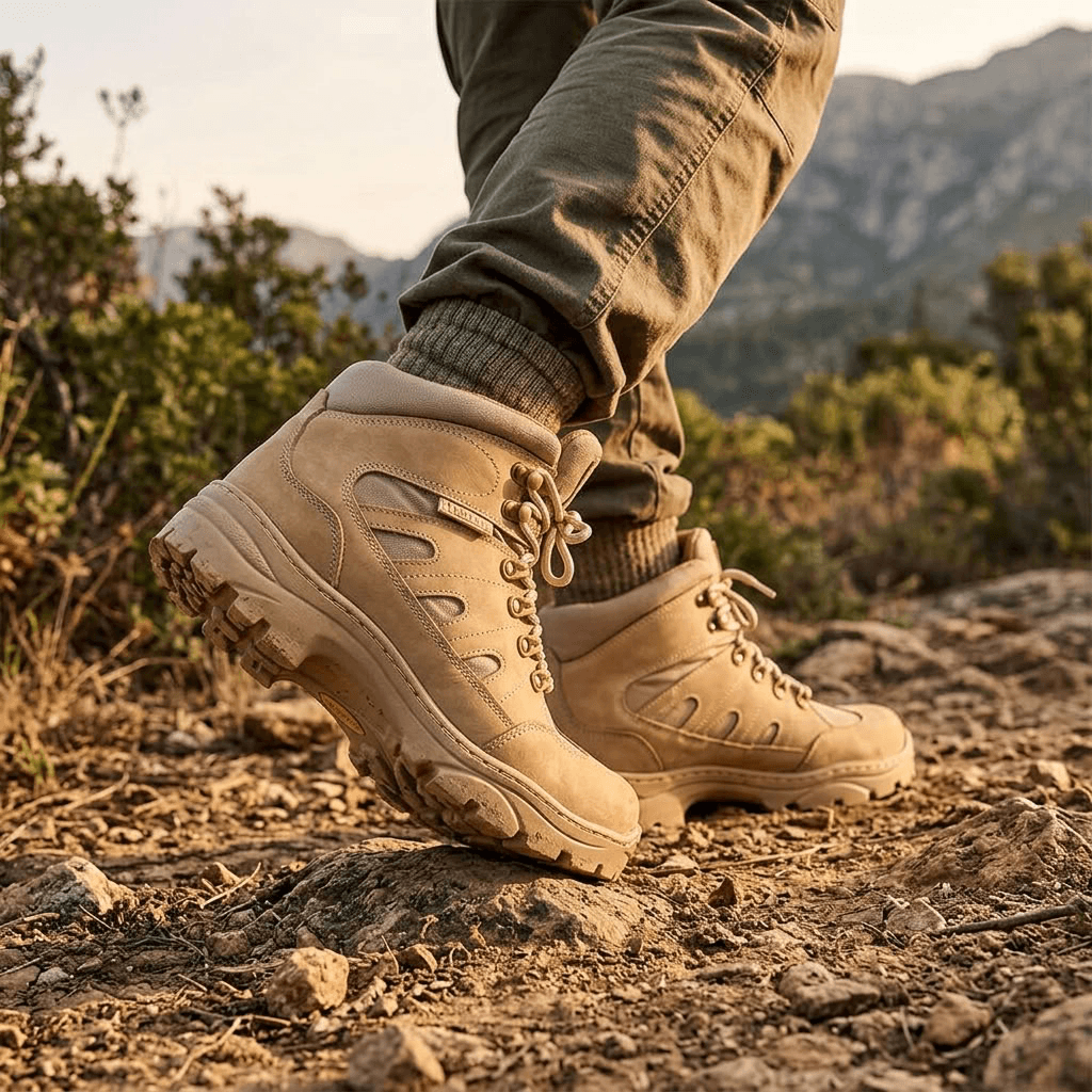 Bota Tática Thabel ThunderBel Anti Perfuro Desert com CA em ambiente natural com estilo urbano.