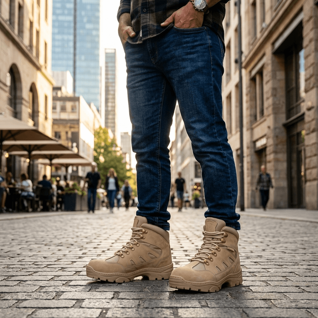 Bota Tática Thabel ThunderBel Anti Perfuro Desert com CA em uso urbano, destacando estilo e conforto.