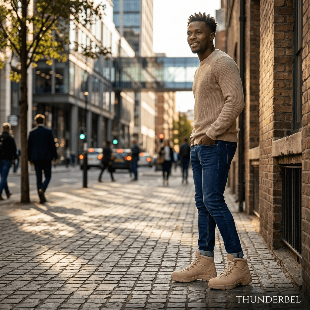 Bota Tática Thabel ThunderBel Anti Perfuro Desert com CA em ambiente urbano descontraído.