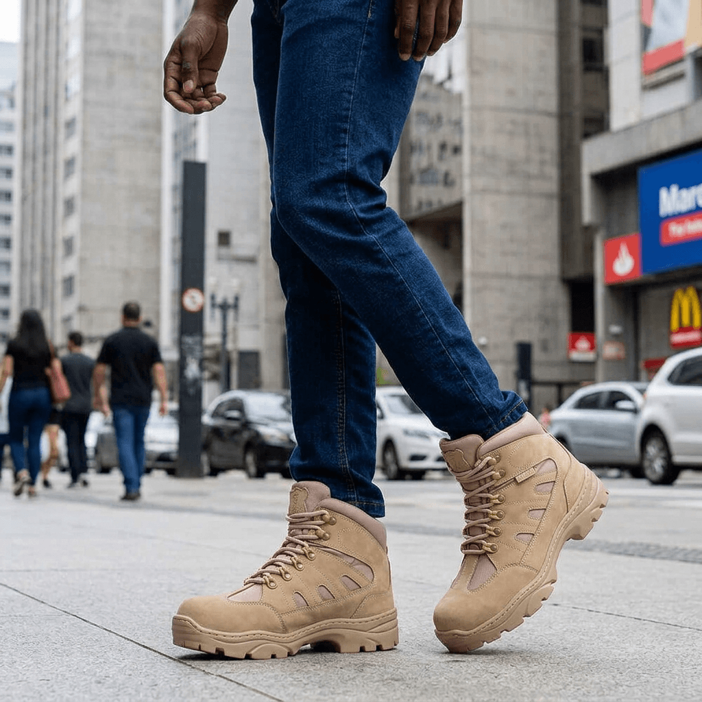 Bota Tática Thabel ThunderBel Anti Perfuro Desert com CA em uso urbano, destacando conforto e estilo.