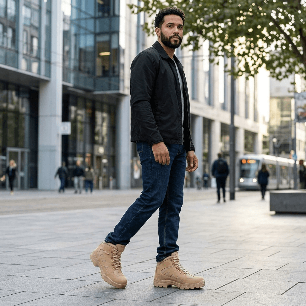 Bota Tática Thabel ThunderBel Anti Perfuro Desert com CA em uso urbano, conforto e estilo com proteção.