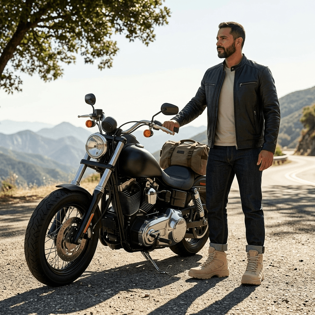 Homem em uma moto preta usando Bota Tática Thabel ThunderBel Anti Perfuro Desert com CA em um cenário de estrada.