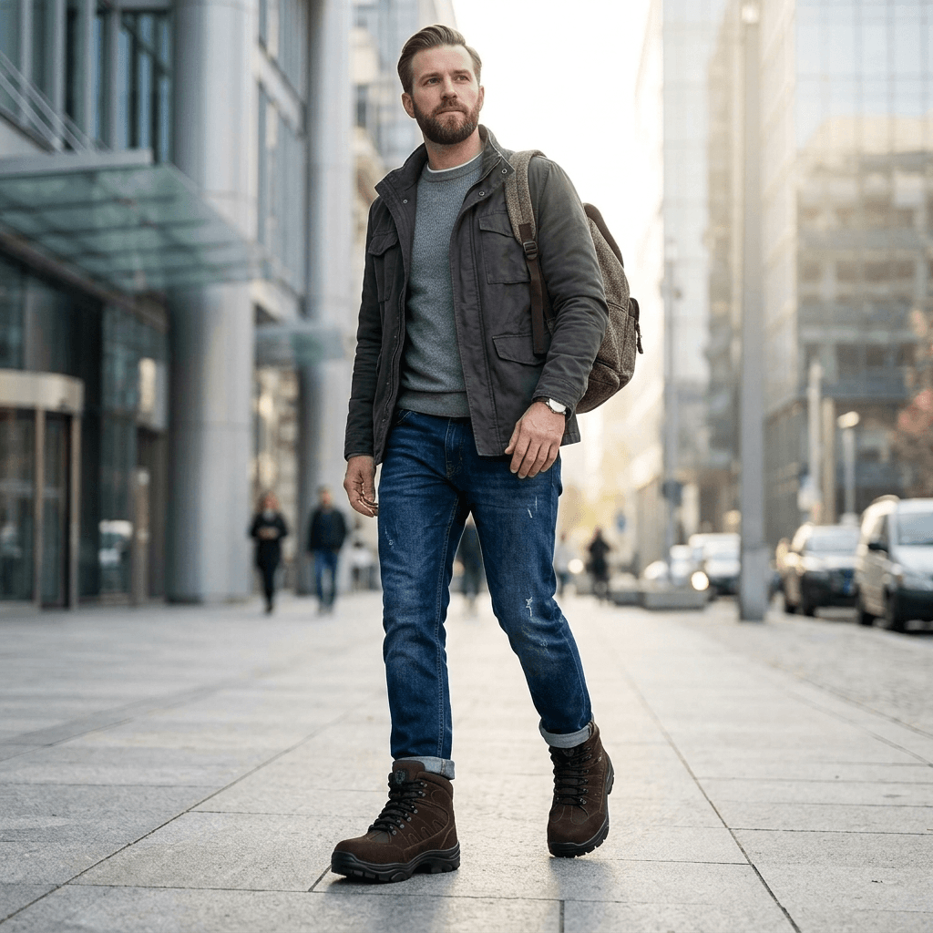 Bota Tática Thabel ThunderBel Anti Perfuro Marrom com CA em um homem caminhando pela rua