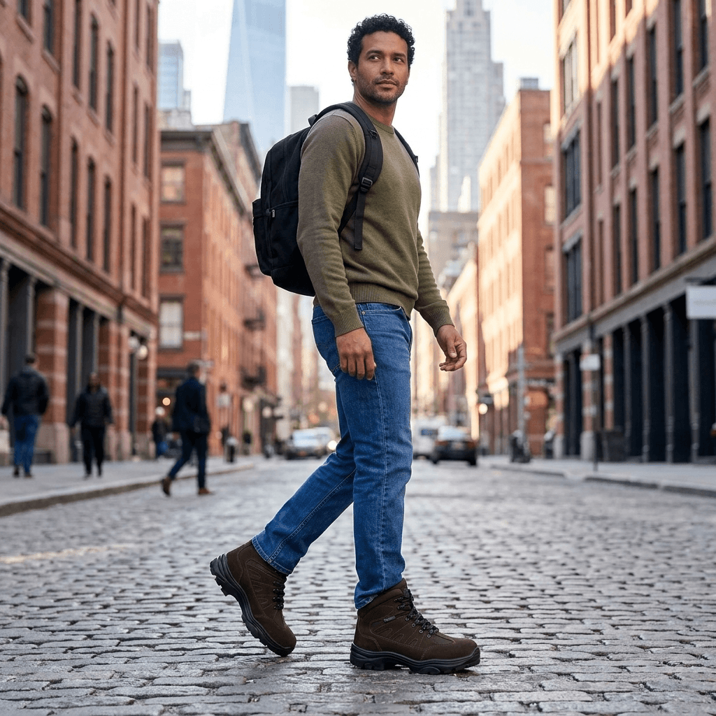Homem usando Bota Tática Thabel ThunderBel Anti Perfuro Marrom com CA em rua de paralelepípedo.