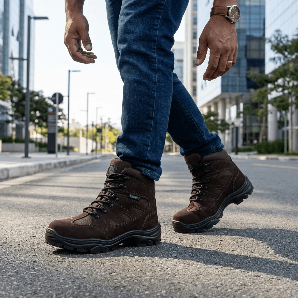 Bota Tática Thabel ThunderBel Anti Perfuro Marrom com CA em caminhada na rua, destacando estilo e conforto.