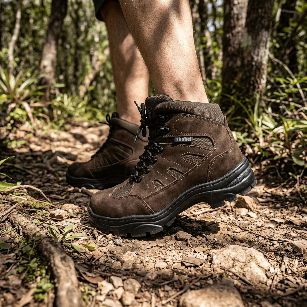 Bota Tática Thabel ThunderBel Anti Perfuro Marrom com CA em trilha, estilo rústico e confortável para aventuras.