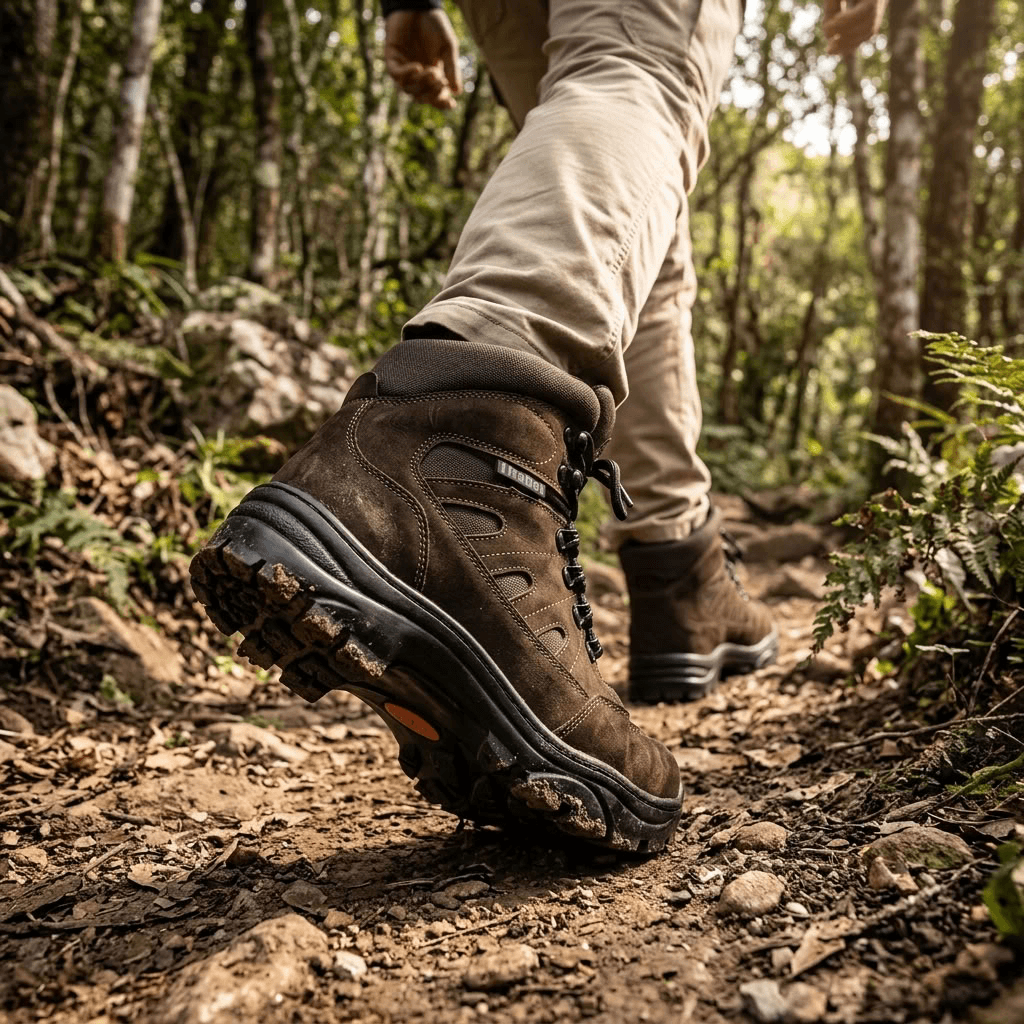 Bota Tática Thabel ThunderBel Anti Perfuro Marrom com CA em trilha na floresta, estilo rústico e confortável.