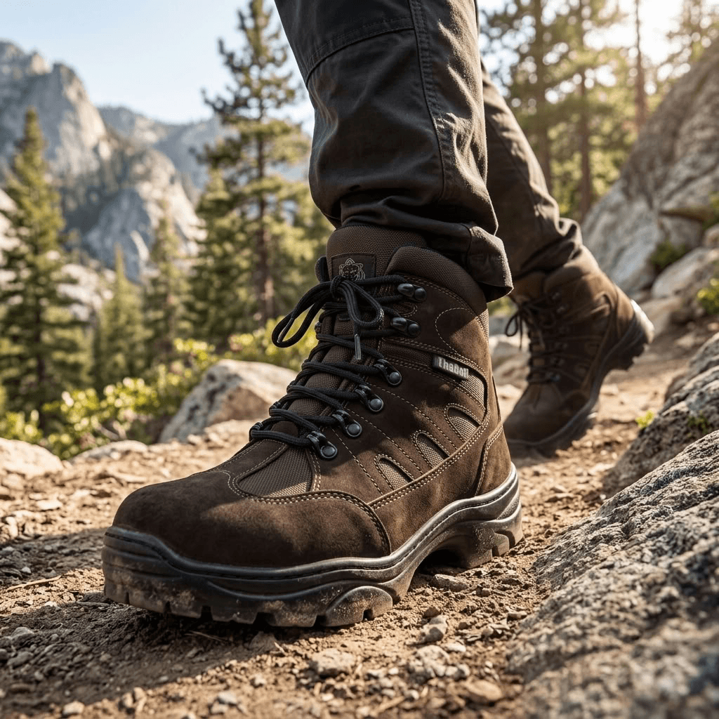 Bota Tática Thabel ThunderBel Anti Perfuro Marrom com CA em trilha na natureza com visual rústico e confortável.