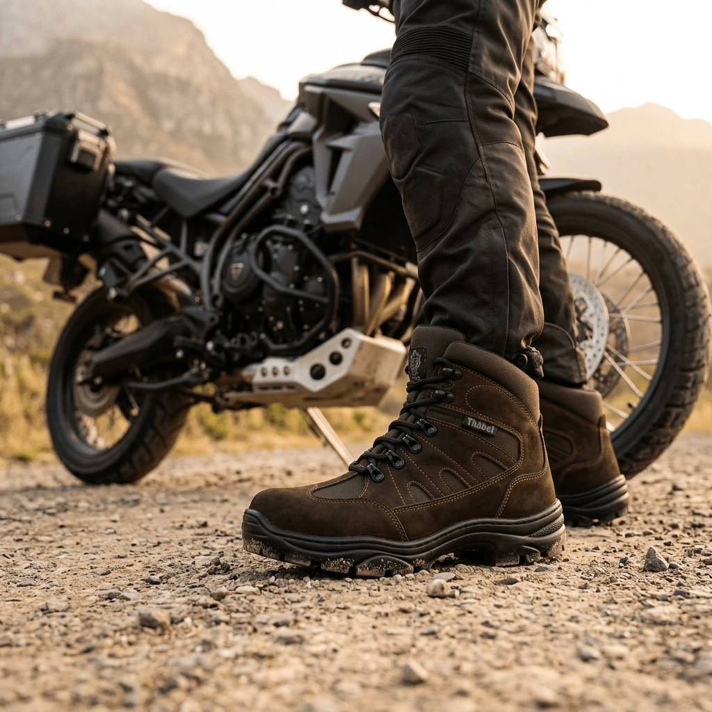 Bota Tática Thabel ThunderBel Anti Perfuro Marrom com CA em ambiente rústico, ao lado de uma moto.