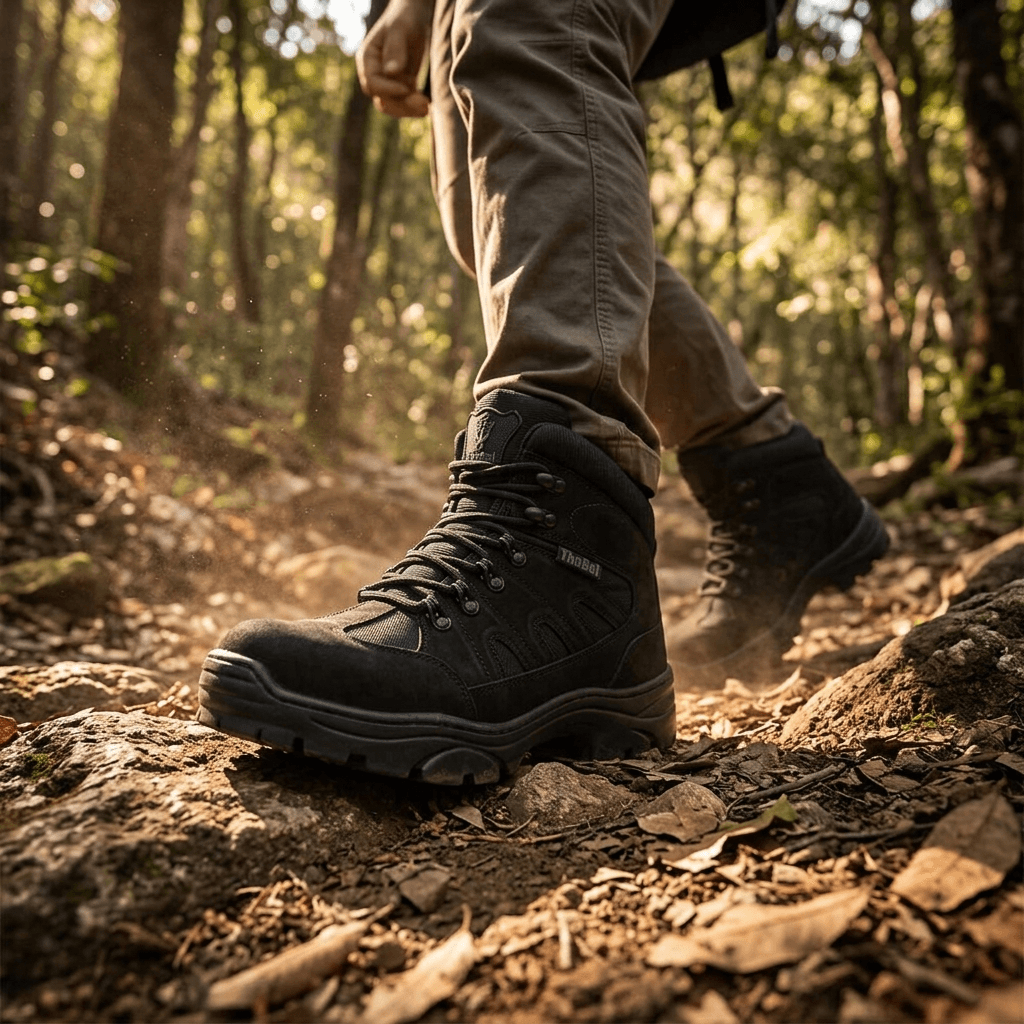 Bota Militar Thabel ThunderBel Anti Perfuro Preta com CA em caminhada pela trilha em ambiente natural