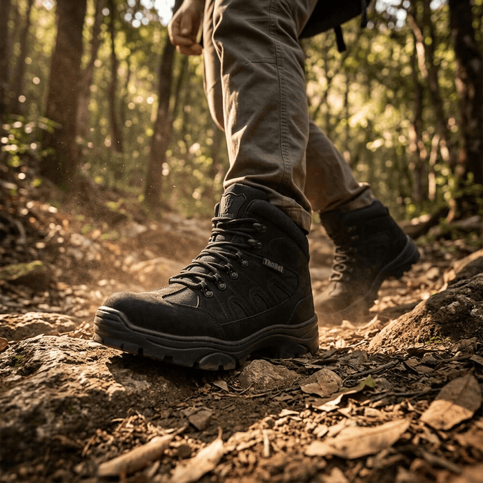 Bota Militar Thabel ThunderBel Anti Perfuro Preta com CA em caminhada pela trilha em ambiente natural