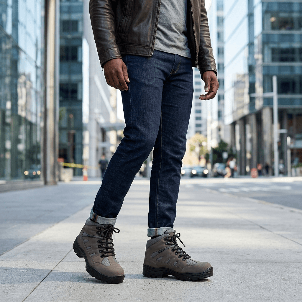 Bota Adventure Thabel ThunderBel Anti Perfuro Cinza com CA em uso urbano moderno e confortável.