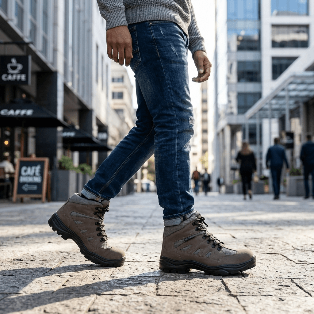 Bota Adventure Thabel ThunderBel Anti Perfuro Cinza com CA em uso urbano moderno.
