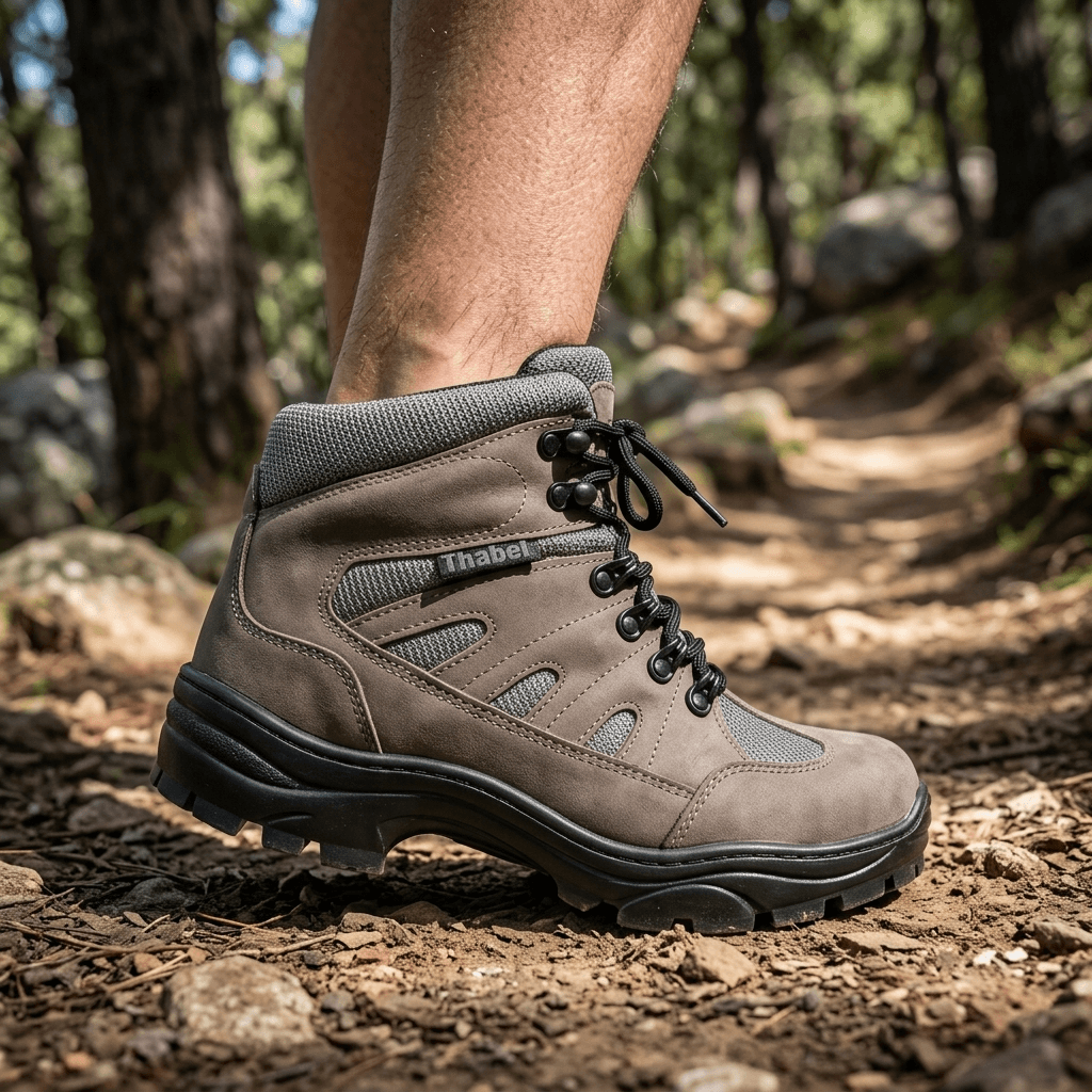 Bota Adventure Thabel ThunderBel Anti Perfuro Cinza com CA em trilha natural, destacando conforto e estilo urbano.