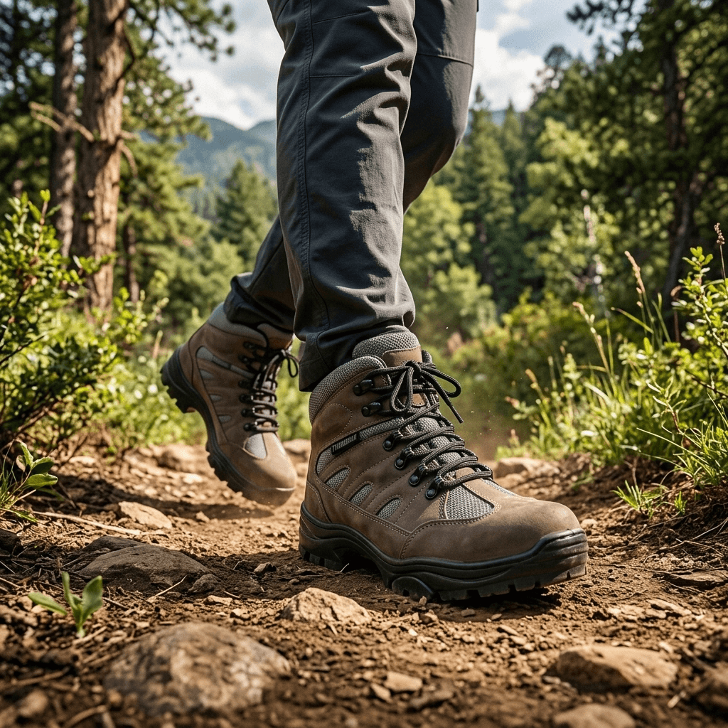 Bota Adventure Thabel ThunderBel Anti Perfuro Cinza com CA em uso na trilha, destacando conforto e estilo urbano.