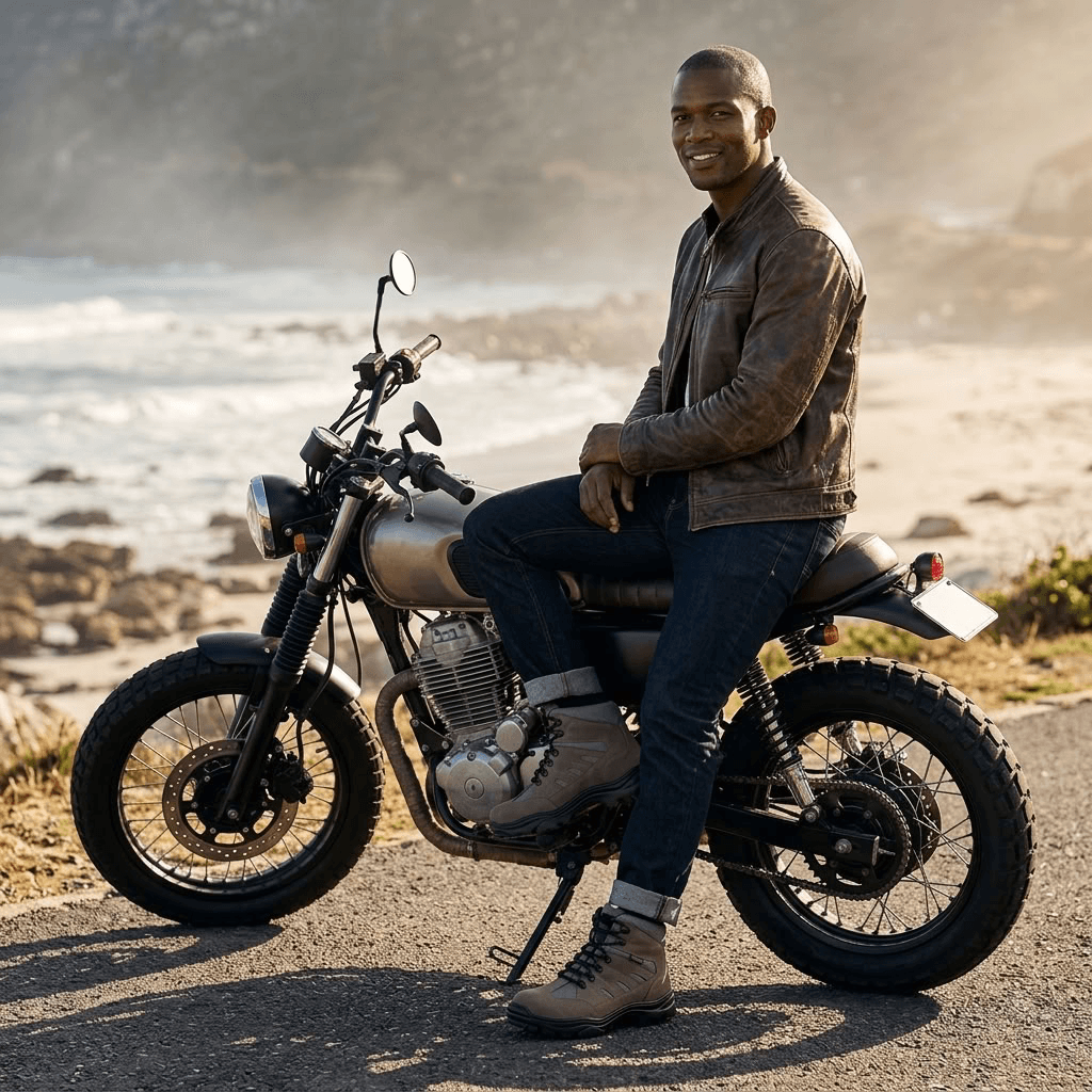 Homem sorridente sentado em uma motocicleta na costa, usando bota Adventure Thabel ThunderBel Anti Perfuro Cinza com CA.