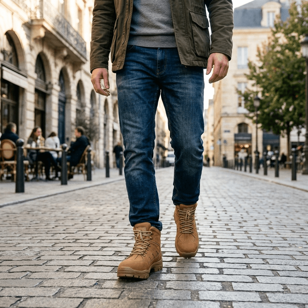 Bota Tática Thabel ThunderBel Anti Perfuro Coyote com CA em um passeio urbano, combinando estilo e conforto.
