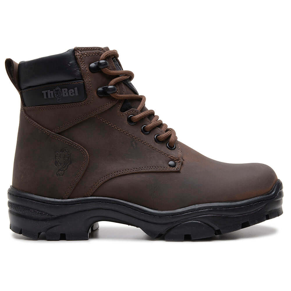 Bota Masculina de Couro Gaia Marrom com CA, resistente, couro hidrofugado, ideal para trabalho e trilhas.