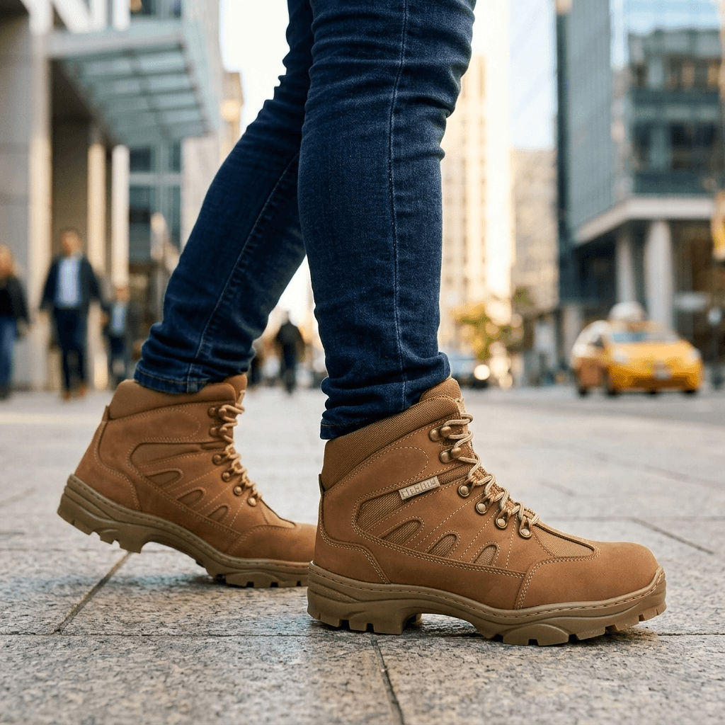Bota Tática Thabel ThunderBel Anti Perfuro Coyote com CA em uso em ambiente urbano.