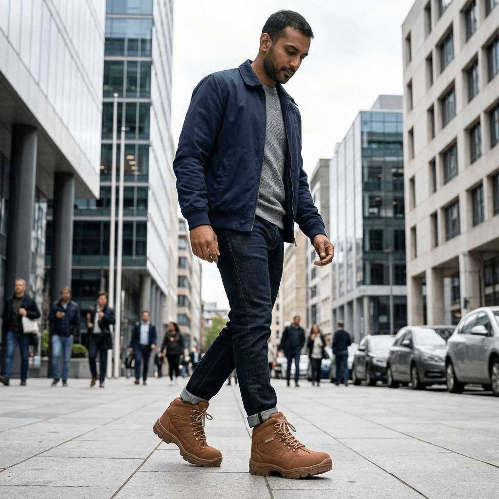 Homem caminhando na cidade usando a Bota Tática Thabel ThunderBel Anti Perfuro Coyote com CA.