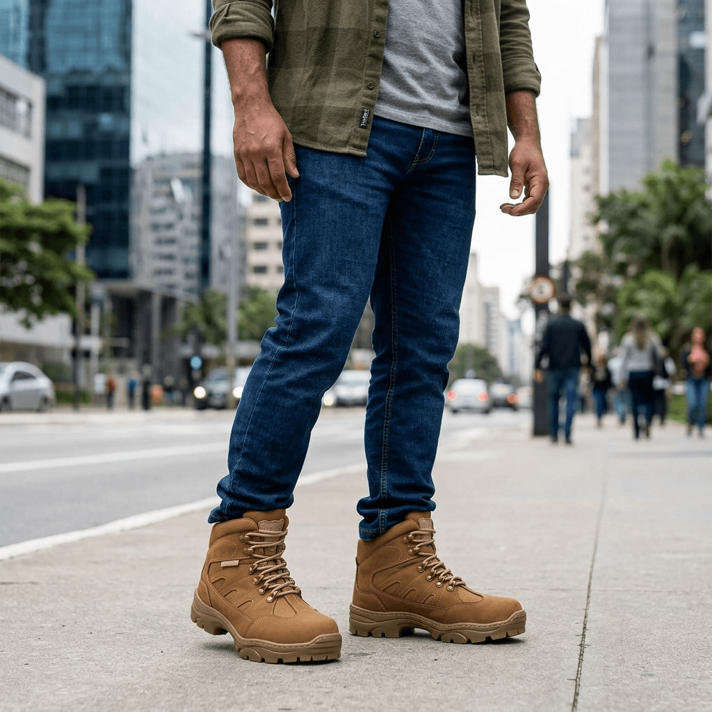 Bota Tática Thabel ThunderBel Anti Perfuro Coyote com CA em ambiente urbano, modelo em cor coyote.