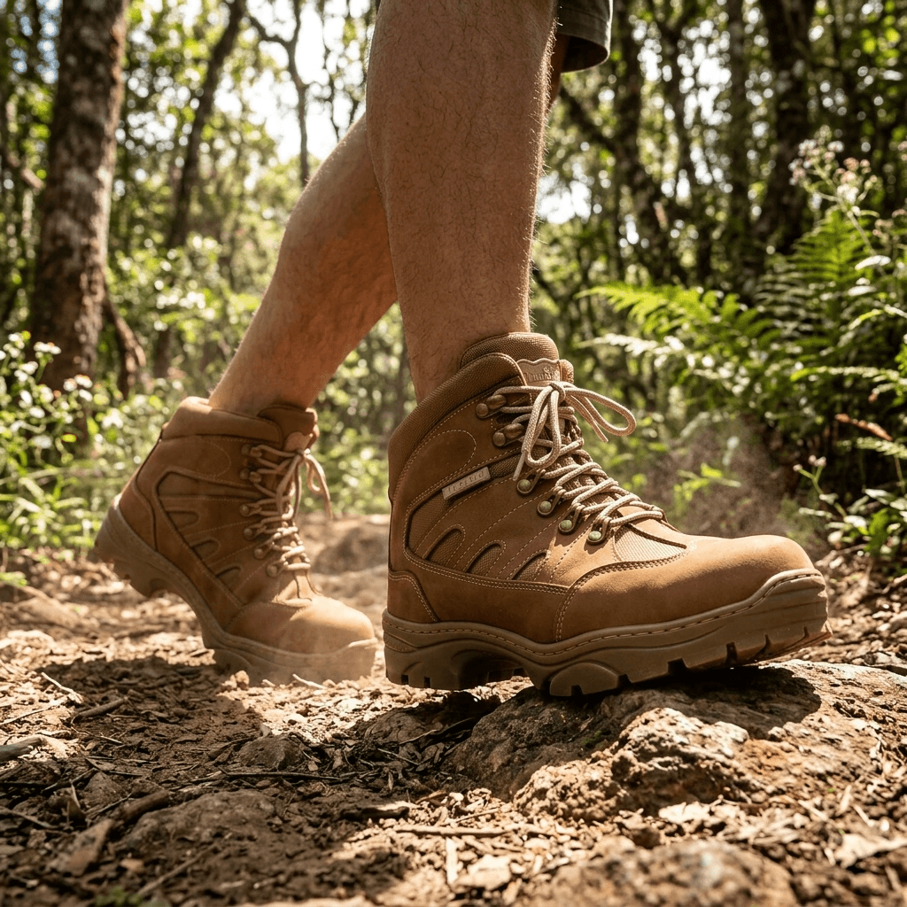 Bota Tática Thabel ThunderBel Anti Perfuro Coyote com CA em trilha de floresta, combinando estilo e conforto.