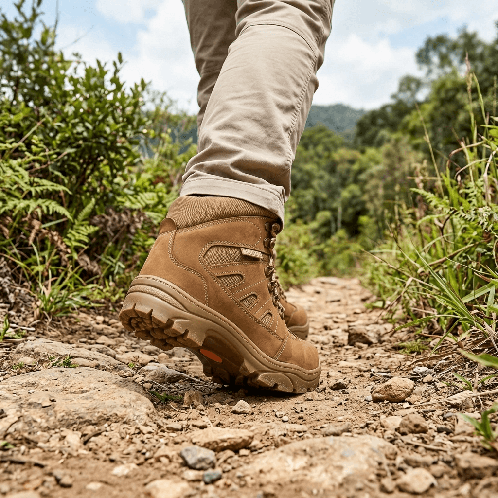 Bota Tática Thabel ThunderBel Anti Perfuro Coyote com CA em trilha na natureza, ideal para atividades outdoor.