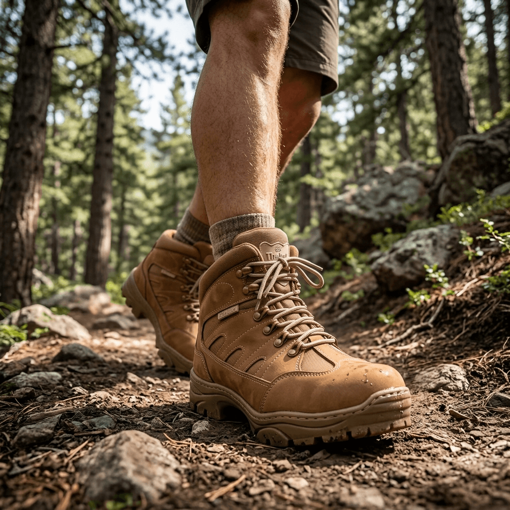 Bota Tática Thabel ThunderBel Anti Perfuro Coyote com CA em trilha, ideal para atividades táticas e outdoor.
