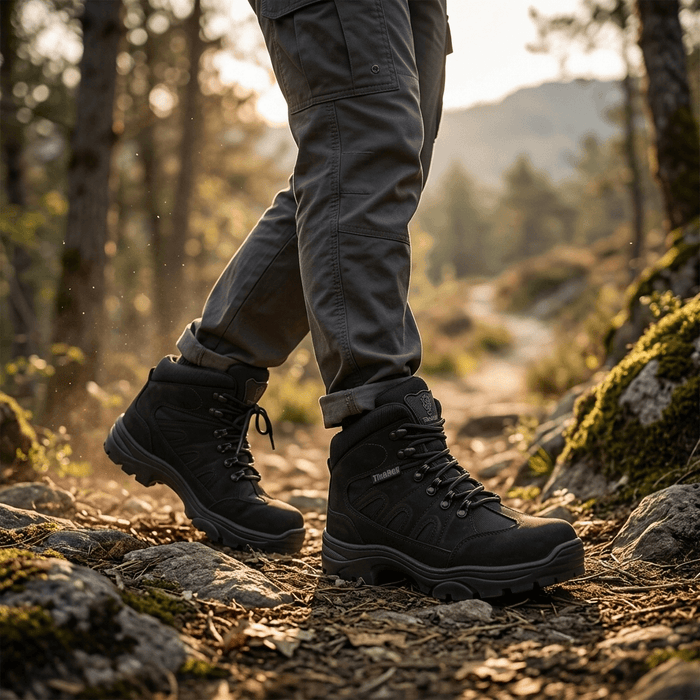 Bota Militar Thabel ThunderBel Anti Perfuro Preta com CA em trilha de natureza.