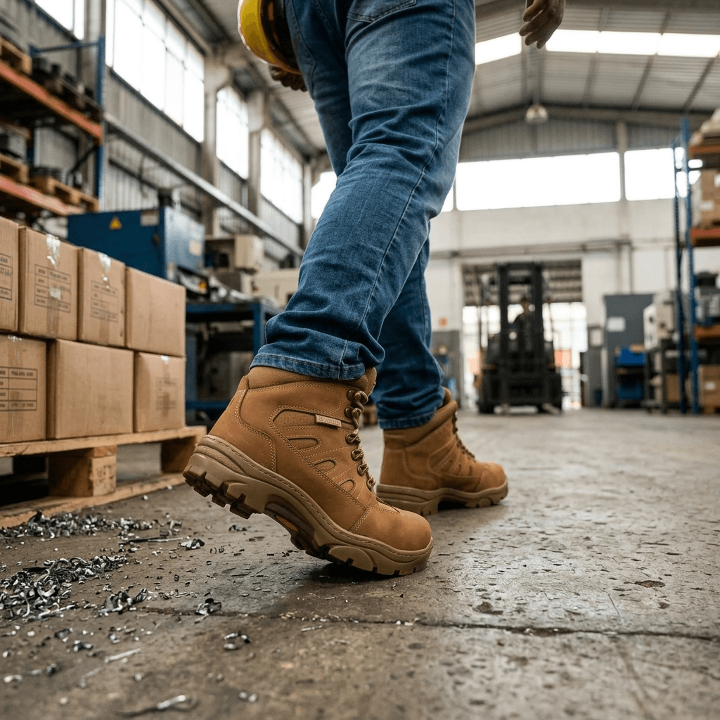 Bota Tática Thabel ThunderBel Anti Perfuro Coyote com CA em ambiente de trabalho com chão de fábrica.