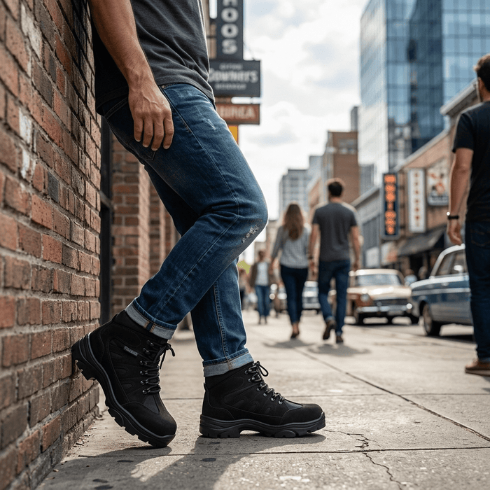 Bota Militar Thabel ThunderBel Anti Perfuro Preta com CA usada em área urbana, combinando conforto e estilo.