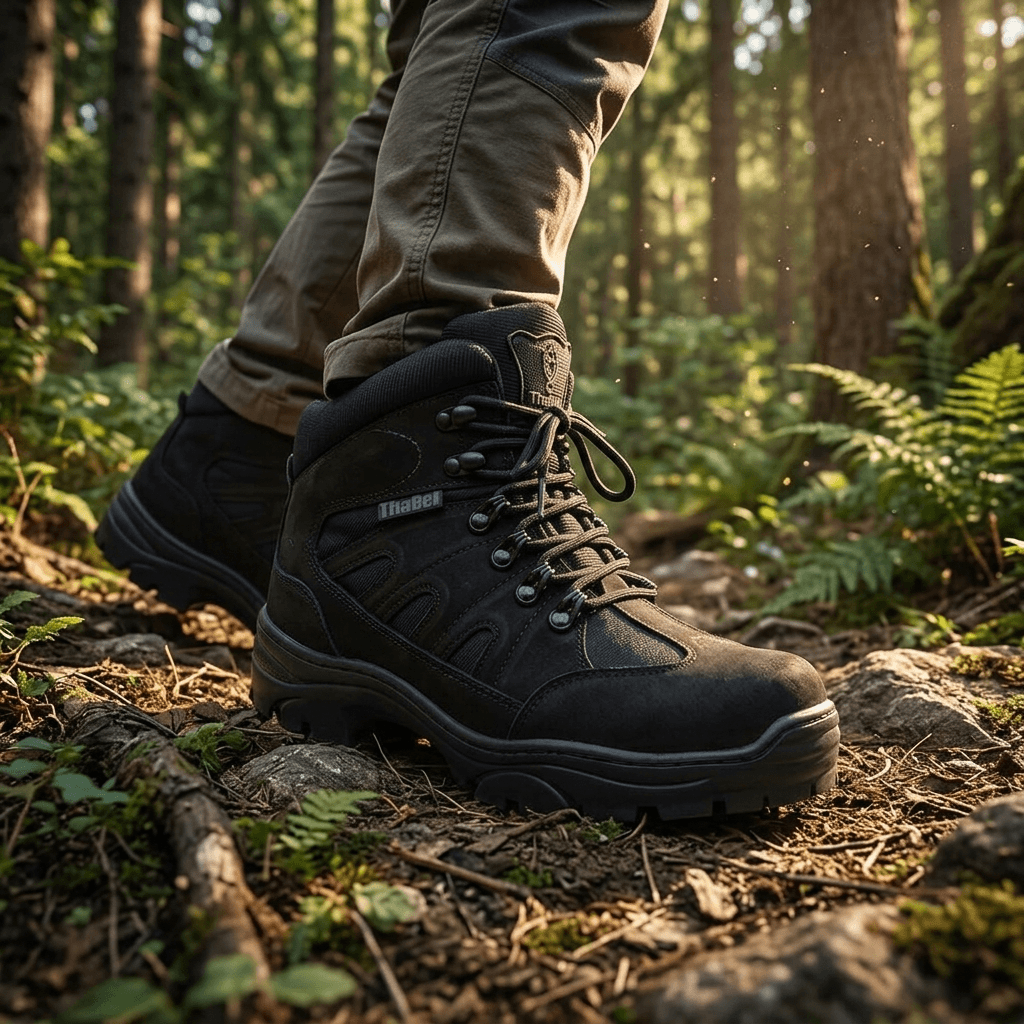 Bota Militar Thabel ThunderBel Anti Perfuro Preta com CA em trilha na floresta, ideal para conforto e segurança.