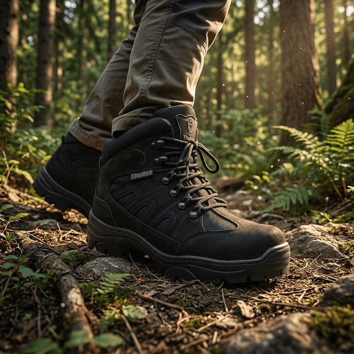 Bota Militar Thabel ThunderBel Anti Perfuro Preta com CA em trilha na floresta, ideal para conforto e segurança.