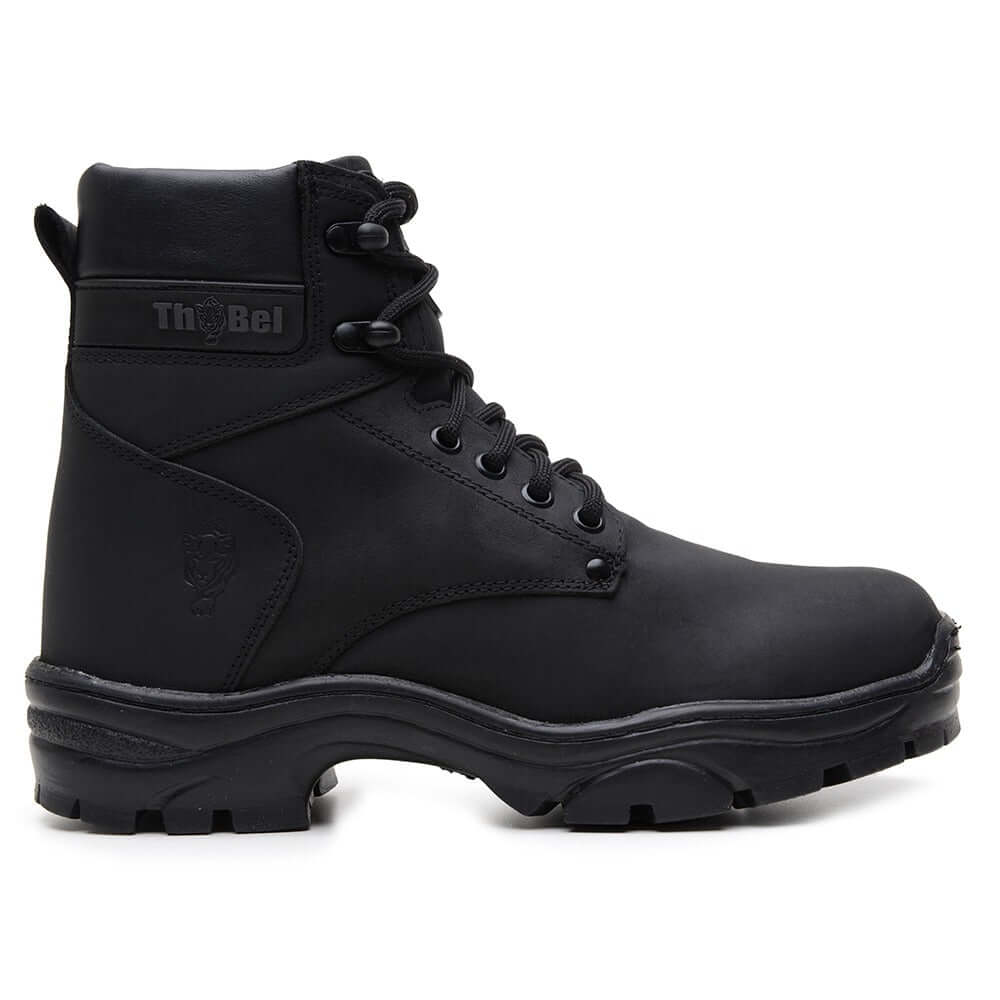 Bota Masculina de Couro Gaia Preta com CA da ThaBel, ideal para segurança e uso outdoor, confortável e robusta.