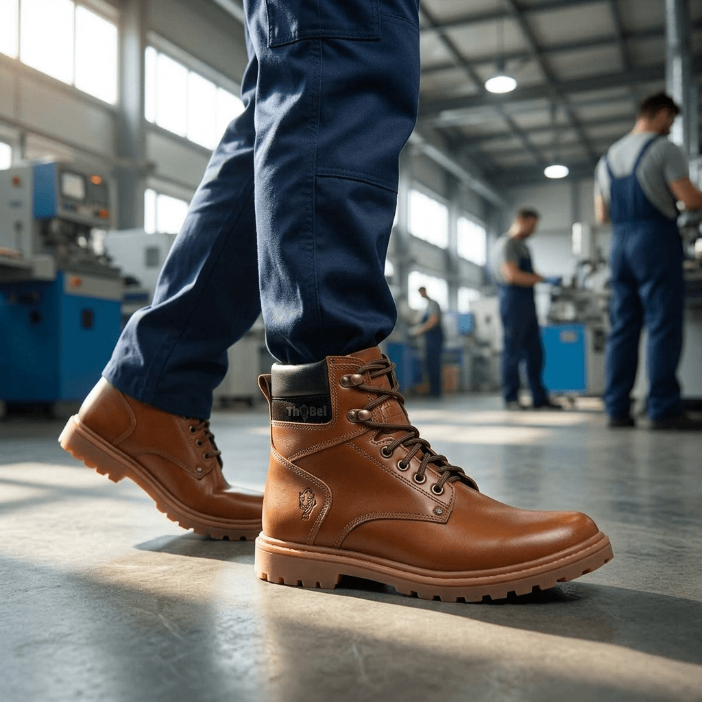 Bota Work Masculina Thabel WorkBel Anti Perfuro Conhaque com CA em ambiente industrial, estilo sofisticado e confortável.