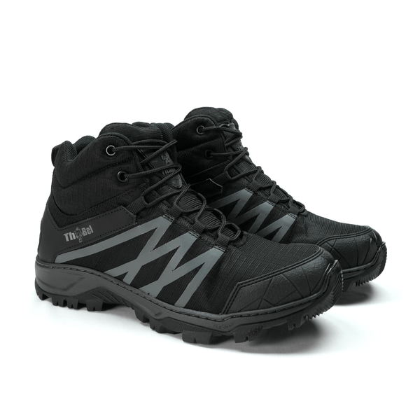 Bota de Trilha Masculina Leve ThaBel Land Trail Nylon Preta com CA, apenas 700g o par, ideal para caminhadas longas e trilhas o dia inteiro.