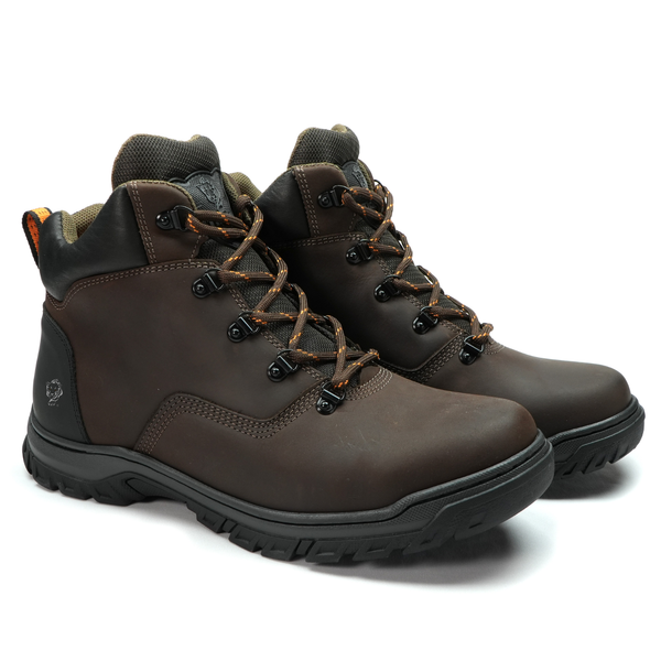 Bota Masculina de Couro para Trabalho e Trilha ThaBel Hunter Marrom com CA, cano de 16,5cm e solado antiderrapante resistente a óleo.