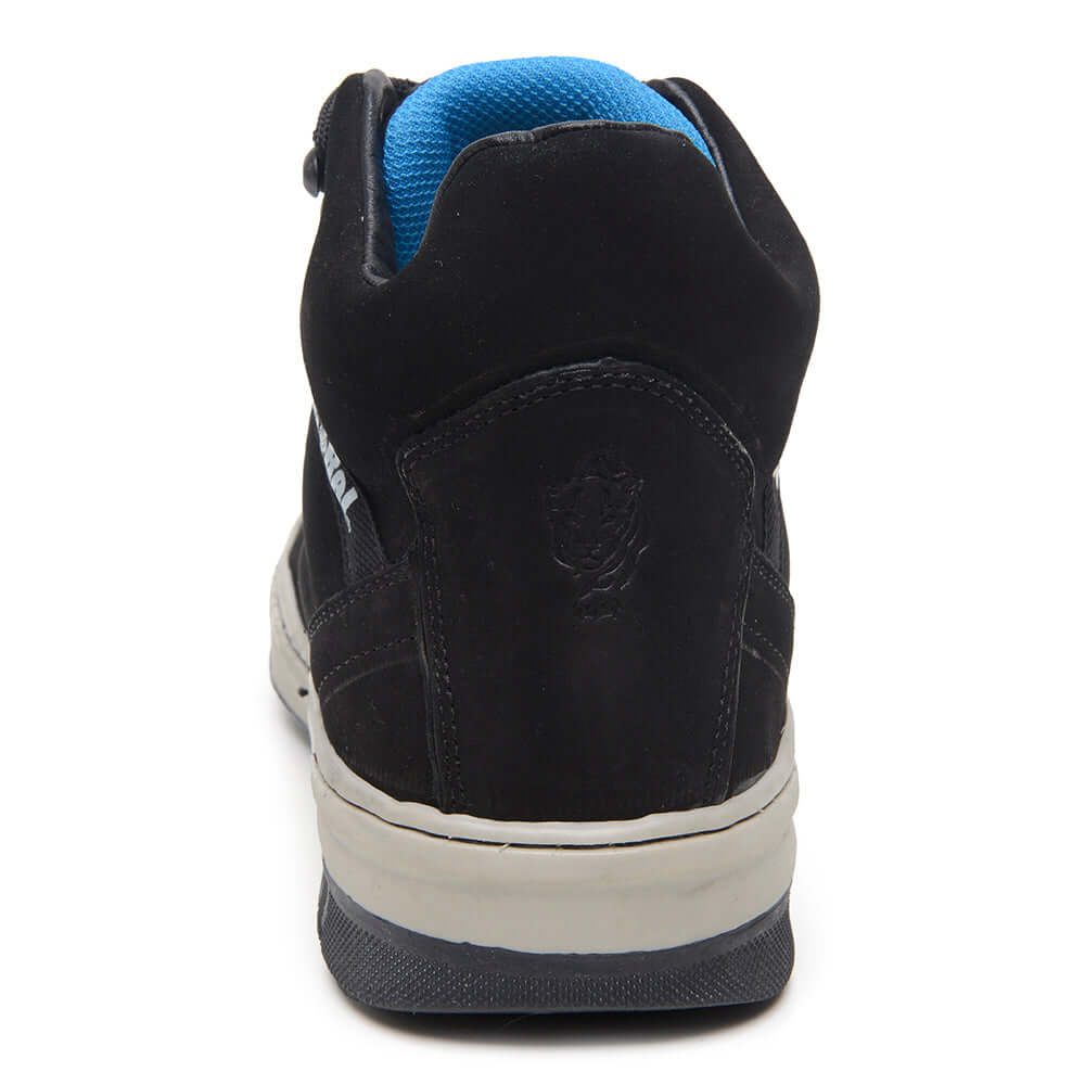 Traseira da Bota De Couro Casual Ranger ThaBel Preto, bota masculina, antiderrapante, ideal para trabalho e trilha, coturno militar.