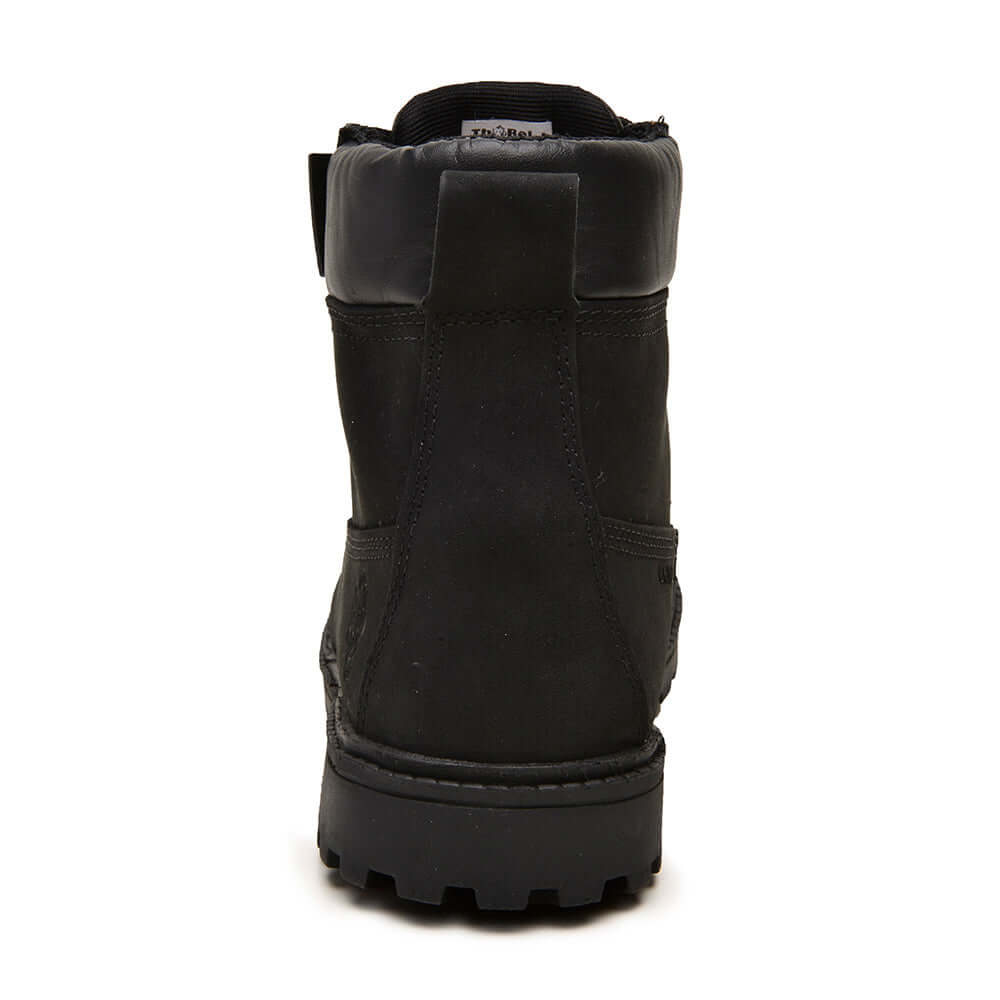 Bota Impermeável Work ThaBel Storm Anti Perfuro Preta com CA, vista traseira, calçado masculino tático e de segurança, coturno militar.