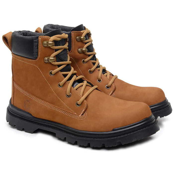 Bota Masculina Worker ThaBel Yellow com CA, bota tática resistente em couro marrom, combina segurança e estilo para uso profissional e casual.