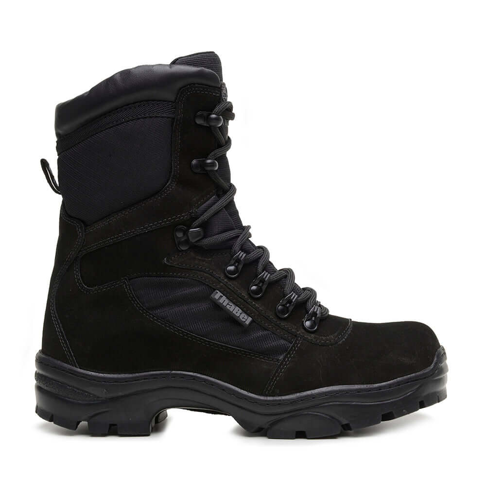 Bota Militar Masculina ThaBel Alfa Anti Perfuro Preto com CA, coturno tático para segurança, aventura e trabalho, calçado masculino resistente.