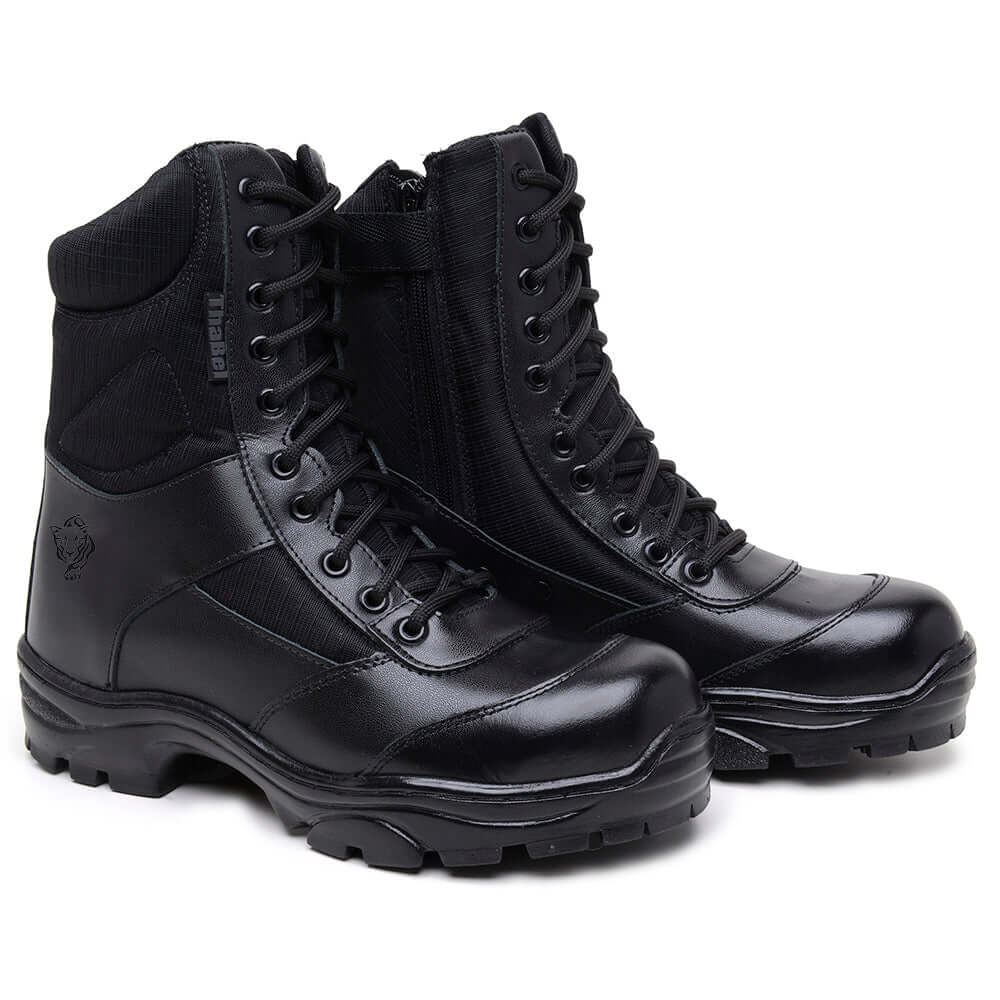 Bota Militar ThaBel Sigma Preta com Zíper e Anti-Perfuro, calçado masculino resistente ideal para trabalho pesado e uso diário.