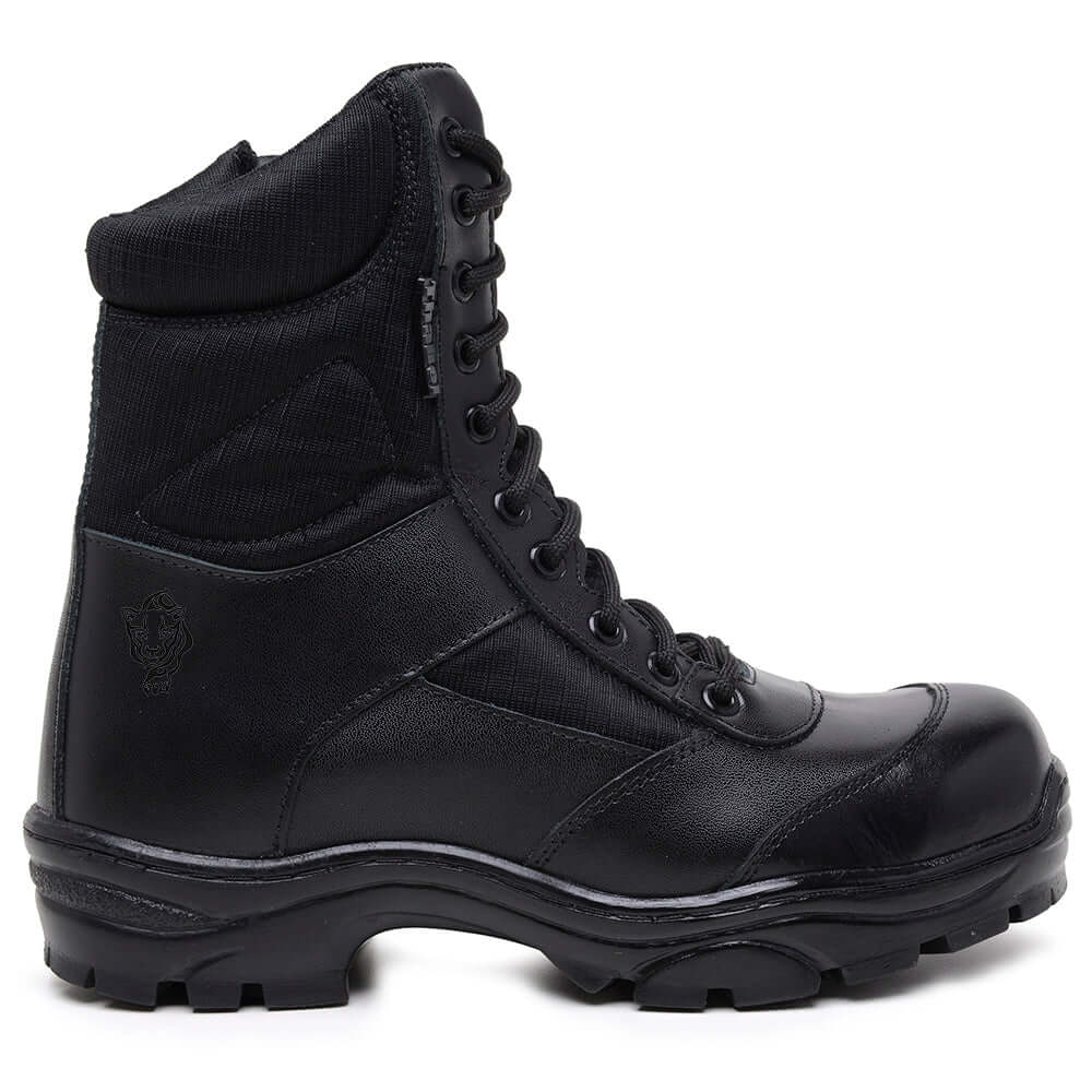 Bota Militar ThaBel Sigma Preta com Zíper e Anti-Perfuro para segurança e conforto, ideal como bota tática e coturno masculino resistente.