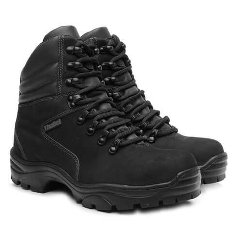 Bota Militar ThaBel Highlander Anti Perfuro Preto com CA, bota tática para segurança e conforto em couro nobuck.