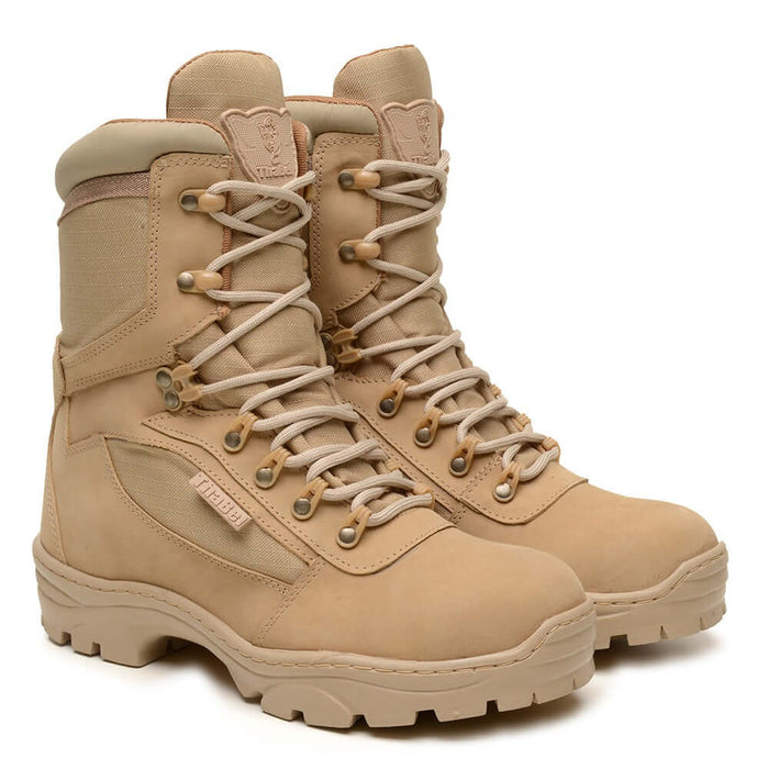 Coturno Tático Masculino ThaBel Alfa Anti Perfuro Desert com CA, bota tática resistente para segurança e adventure.