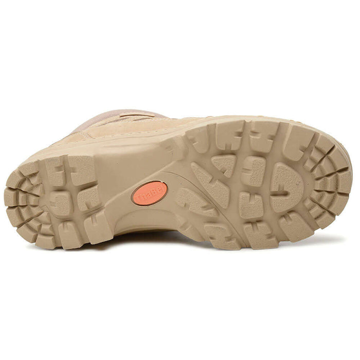 Sola da Bota Tática Thabel ThunderBel Anti Perfuro Desert com CA, destacando tração e durabilidade para segurança em terrenos diversos.