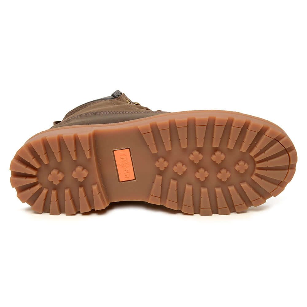 Sola da Bota para Trabalho Impermeável ThaBel Storm Anti Perfuro Marrom com CA, mostrando tração e resistência, ideal para segurança.