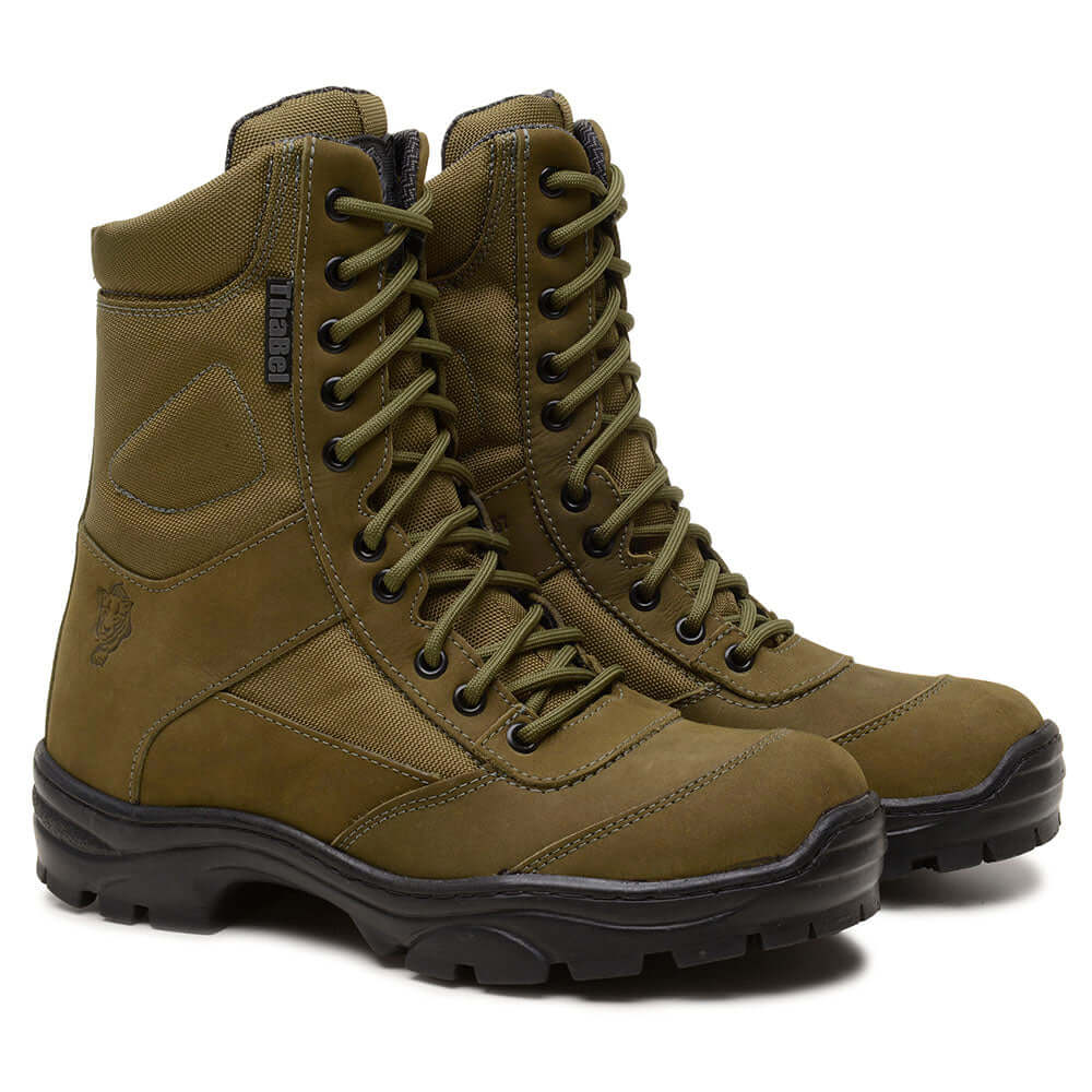 Bota Militar Masculina ThaBel Invader Anti Perfuro Verde Oliva com CA para segurança e conforto em aventuras e trabalho.