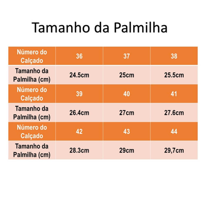 Tabela de tamanhos da palmilha de calçados de 36 a 44, mostrando medidas em centímetros para referência de Bota Tática Thabel ThunderBel Anti Perfuro Desert com CA.